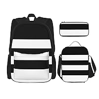 stripes black white Backpack Travel Daypack With Lunch Box Pencil Bag 3 Pcs Set Casual Rucksack Fashion Backpacks