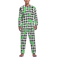 Green Houndstooth Dinosaur Print Pajama Set Top and Pants Mens' Nightgown Lounge Sleepwear