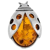 Sterling Silver Baltic Amber Ladybug Brooch Pin for Women Antiqued Finish Approx. 1 inch Wide