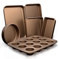 6-Piece Nonstick Bakeware Set - Premium Carbon Steel Baking Pans - Includes Cookie Sheets, Square & Round Roasting Pans, 12-Cup Muffin & Loaf Pan - Easy to Clean, Gold