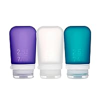 humangear GoToob+ 3-Pack (Medium) | Refillable Silicone Travel Bottle | Locking Lid | Food-Safe Material, Clear/Purple/Teal, Medium (2.5 fl.oz.; 74ml)