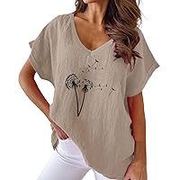 Womens Long Sleeve Tops Casual Crewneck Tunic Botanical Print V Neck Cotton Casual Bat Short Sleeve T Shirt Wo
