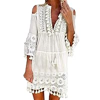 Lace Dress,Ladies Lace Tassel Hollow Stitching Sunscreen Blouse Casual Dress Beaded Lace Dress