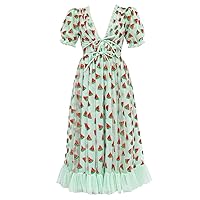 Women Puff Short Sleeve Deep V-Neck Cocktail Dress Sequin Embroidered Lace Up Mesh Yarn A-line Pleated Midi Dresses
