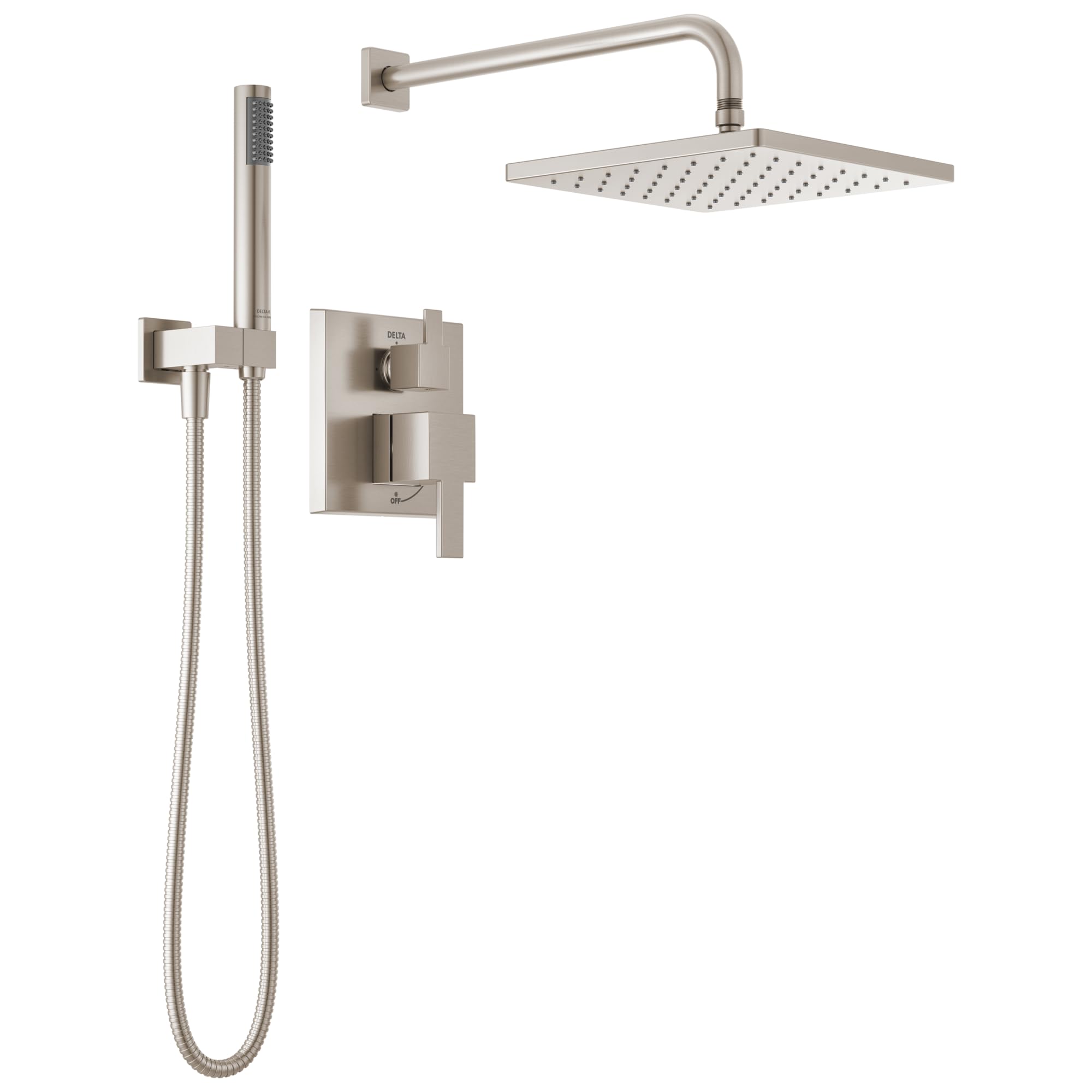Delta Faucet Modern Raincan 2-Setting Shower Square System Including Rain Shower Head and Handheld Spray Brushed Nickel, Rainfall Shower System Brushed Nickel, Spotshield Stainless 342701-SP