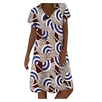 Women's Casual Dress Printed V Neck Short Sleeve Swing Knee Length Midi Dress(3-Blue,16) 1115
