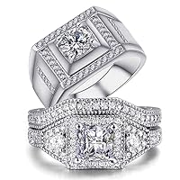 Two Rings His Hers Wedding Ring Sets Couples Matching Rings Women's 2pc White Gold Filled Square CZ Wedding Engagement Ring Bridal Sets & Men's Stainless Steel Wedding Band