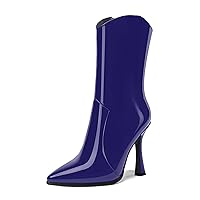 Womens Zip Solid Patent Pointed Toe Business Sexy Spool High Heel Ankle High Boots 4 Inch