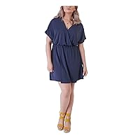 Womens Navy Knit Short Sleeve Surplice Neckline Short Faux Wrap Dress Plus X