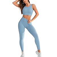 Workout Outfits for Women 2 Piece Ribbed Crop Tank Tops High Waist Leggings Activewear Yoga Set