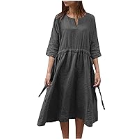 Dresses for Women 2024-3/4 Sleeve Loose Cotton Linen Fashion Ladies V-Neck Casual Solid Plus Size Drawstring Skirts