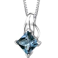 PEORA London Blue Topaz Classic Solitaire Pendant Necklace for Women 925 Sterling Silver, Natural Gemstone, 3 Carats Princess Cut 8mm, with 18 inch Chain