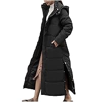 Long Quilted Coat with Hood Women Split Side Maxi Length Thickened Jacket Winter Warm Casual Solid Parka Outerwear