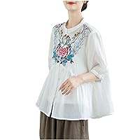 Floral Embroidered Babydoll Blouses Women Cotton Linen Half Sleeve Button Down Shirts Frill High Waist Cute Tee Tops