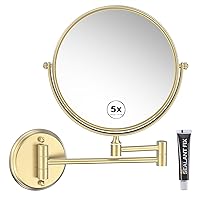 8 Inch Bathroom Makeup Mirror Wall Mounted Gold, 360 Swivel Vanity Mirror with Magnification, Extendable Arm, 1X/5X Two-Sided, Brass Material, Brushed Light Gold