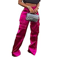 Lucuna Women's Satin Cargo Pants Y2K High Waisted Multi-Pocket Straight Leg Baggy Casual Trousers