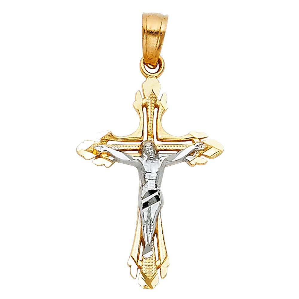 14K Real Gold Two Tone Linear Jesus Cross Pendant - 25x16 MM Crucifix Charm Necklace Pendant - Great Gift for Men & Women