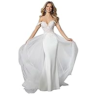 Women's Off Shoulder Mermaid Wedding Dresses for Bride 2023 Long Lace Boho Bridal Gown with Detachable Train