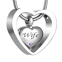 misyou Double Heart Birthstone Urn Necklace Keepsake Pendant Cremation Ashes Jewelry (Wife)