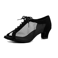 Women's Lace-up Suede Mesh Chacha Practice Chunky Heel Modern Dance Shoes