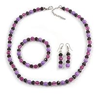 Deep Purple/Lilac/Violet Glass/Ceramic Bead with Silver Tone Spacers Necklace/Earrings/Bracelet Set - 48cm L/ 7cm Ext