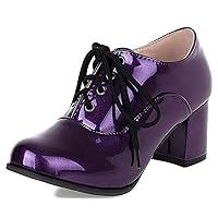 Womens Wingtip Shoes Patent Leather Lace Up Oxford Heels Chunky Brogue Shoes