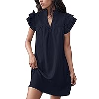 Women's Spring Dresses 2024 Fashion Casual Solid Color V-Neck Loose Ruffle Sleeve Short Dress Wedding, S-XL