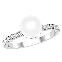 Dazzlingrock Collection 8MM Round White Cultured Freshwater Pearl & 0.20 Carat (ctw) Lab Grown White Diamond Ladies Charming Modern Dainty Engagement Ring | 925 Sterling Silver