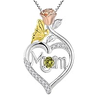 YL Women's Heart Necklace for Mom Sterling Silver Love Heart Butterfly Pendant Birthstones Rose Jewelry for Mother's Gift