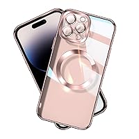 Magnetic Transparent for iphone 14 Case with Camera Lens Protector -Military Grade Strong Magnets,Built-in Anti-drop Airbag,Detachable Dustproof Net ,Ultra-thin Non-yellowing Phone Case-Pink