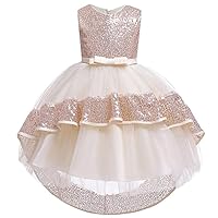 Little Girls Sleeveless Sequin Bow Tulle Hi Low Easter Wedding Flower Girl Dress