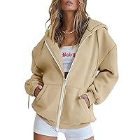 Womens Zip Up Hoodies Long Sleeve Fall Oversized Sweatshirts Casual Plain Fleece Jacket with Pockets Y2K Clothes Outwear
