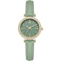 Women's Quartz Watch with Three Hands, Crystal Stone Green dial with Diamond Inlay, Simulated Display Screen and Leather Strap Watch