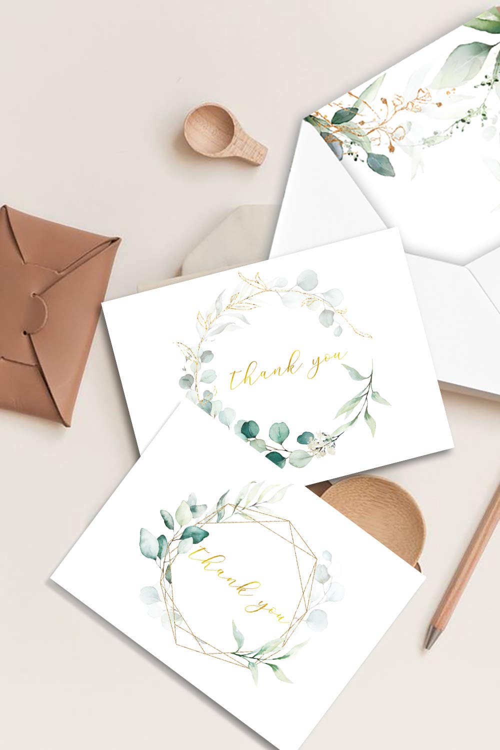 AMNADOF 100 Eucalyptus Gold Foil Thank You Cards Bulk - Blank Note Cards with Greenery Envelopes – Include Stickers, Perfect for Wedding,Baby Shower, Bridal Shower and All Occasions
