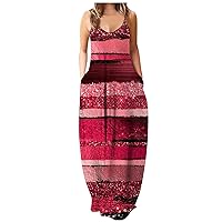 Maxi Dresses for Women 2024 Casual Sleeveless Strappy V Clor Block Glitter Loose Long Beach Sundress with Pockets