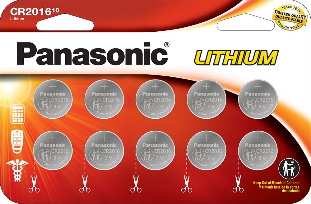 Panasonic CR2016 3.0 Volt Long Lasting Lithium Coin Cell Batteries in Child Resistant, Standards Based Packaging, 10-Battery Pack