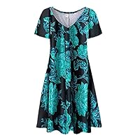 Women's Casual Dress Printed V Neck Short Sleeve Swing Knee Length Midi Dress(2-Blue,16) 1099