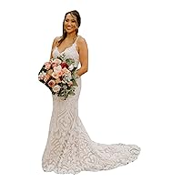 Women's Mermaid Wedding Dresses for Bride 2023 Long Spaghetti Strap Lace Bridal Ball Gowns with Train