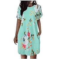 Women Summer Casual Swing T Shirt Dresses Beach Cover up Loose Dress Floral Short Sleeve Flowy Sundresses with Pocket