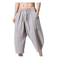 WENKOMG1 Casual Cotton Linen Shorts for Men,Solid Japanese Loose Fit Stretchy Waistband Calf Length Cropped Trousers