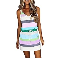 Womens Summer Dresses 2024 Drawstring Waist Spaghetti Strap Casual Beach Dress Striped V Neck Front Pockets Sundress
