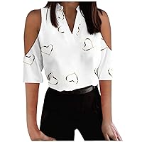 Women Flower Off Shoulder Short Sleeve Dressy T-Shirts Summer Stand Collar Trendy Casual Loose Fit Tops for Office