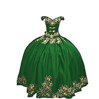 Gold Embroidered Off The Shoulder Ball Gown Quinceanera Dresses Adult Satin Sweet 15 16 Charro Prom Cocktail Dress