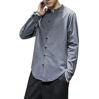 Linen Shirts Men Chinese Style Long Sleeve Retro Buttoned Shirt Solid Color Stand-Up Collar Loose Tops