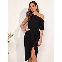 TLULY Dress for Women Asymmetrical Neck Dolman Sleeve Draped Front Slit Thigh Dress (Color : Black, Size : Large)