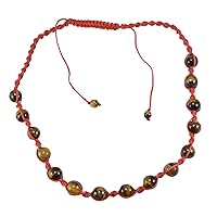 Silvesto India Red Color Cord- 6-10 mm Round Beaded Tiger Eye- Adjustable Necklace