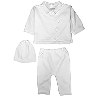 Cotton Knit Baby Boys 3 Piece Collared V-Neck Sweater Set with Pants & Cap