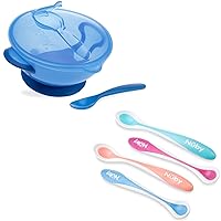 Nuby 4-Pack Hot Safe Feeding Spoons & Easy Go Suction Bowl with Lid and Snap-In Spoon, Colors May Vary