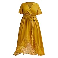 XJYIOEWT Plus Size Dress Shirts for Women for Wedding,Women's Plus Size V Neck Belt Belt Ruffle Hem Decorated Lace Short