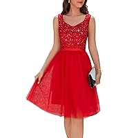 Meetjen Women's Sequin V Neck Cocktail Dress 2024 A line Tulle Short Prom Dresses for Wedding Party Sparkly Ball Gowns